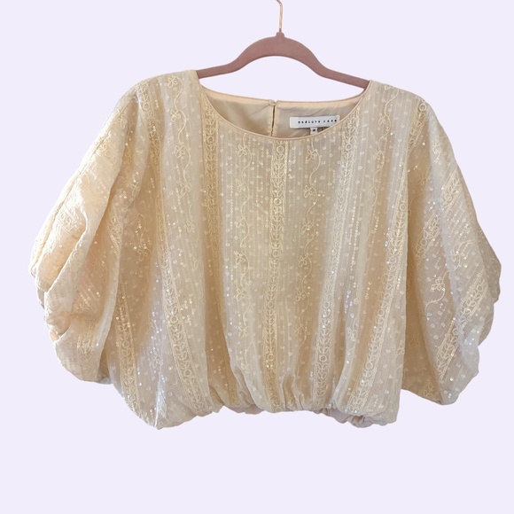 Endless Rose Cream Sequin Bubble Hem Puff Sleeve Blouse size M - Picture 2 of 9